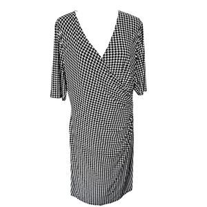 LAUREN RALPH LAUREN Size 16 Black White Houndstooth Faux Wrap Stretch Midi Dress